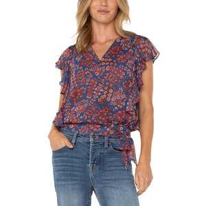 LIVERPOOL PETITE DRAPED FRONT TOP WITH WAIST TIE Size SPSP / BLUE PINK FLORAL